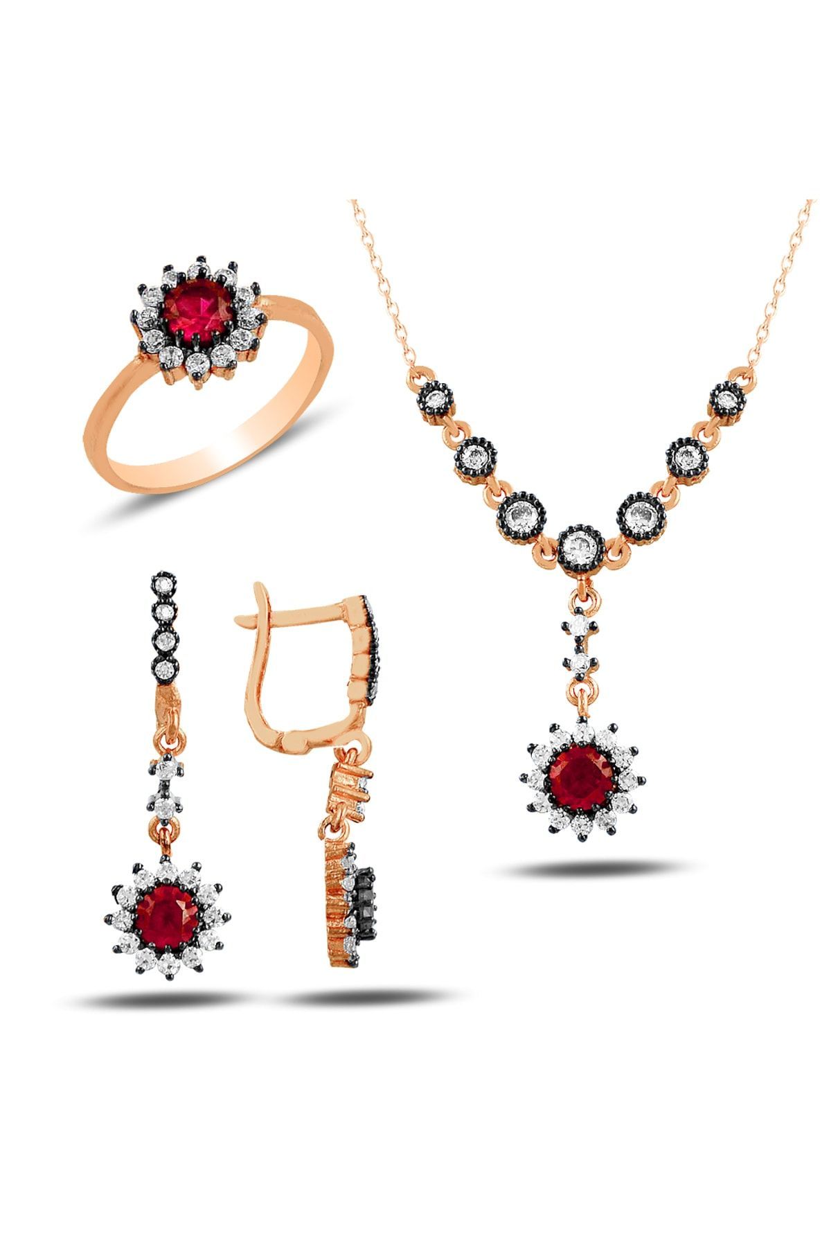 Kadın Elmas Montürlü Ruby Üçlü Takı Seti RGS90037