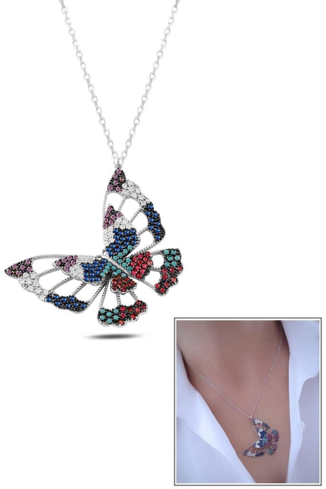 Kadın Gümüş Üç Boyutlu Multicolor Kelebek Kolye