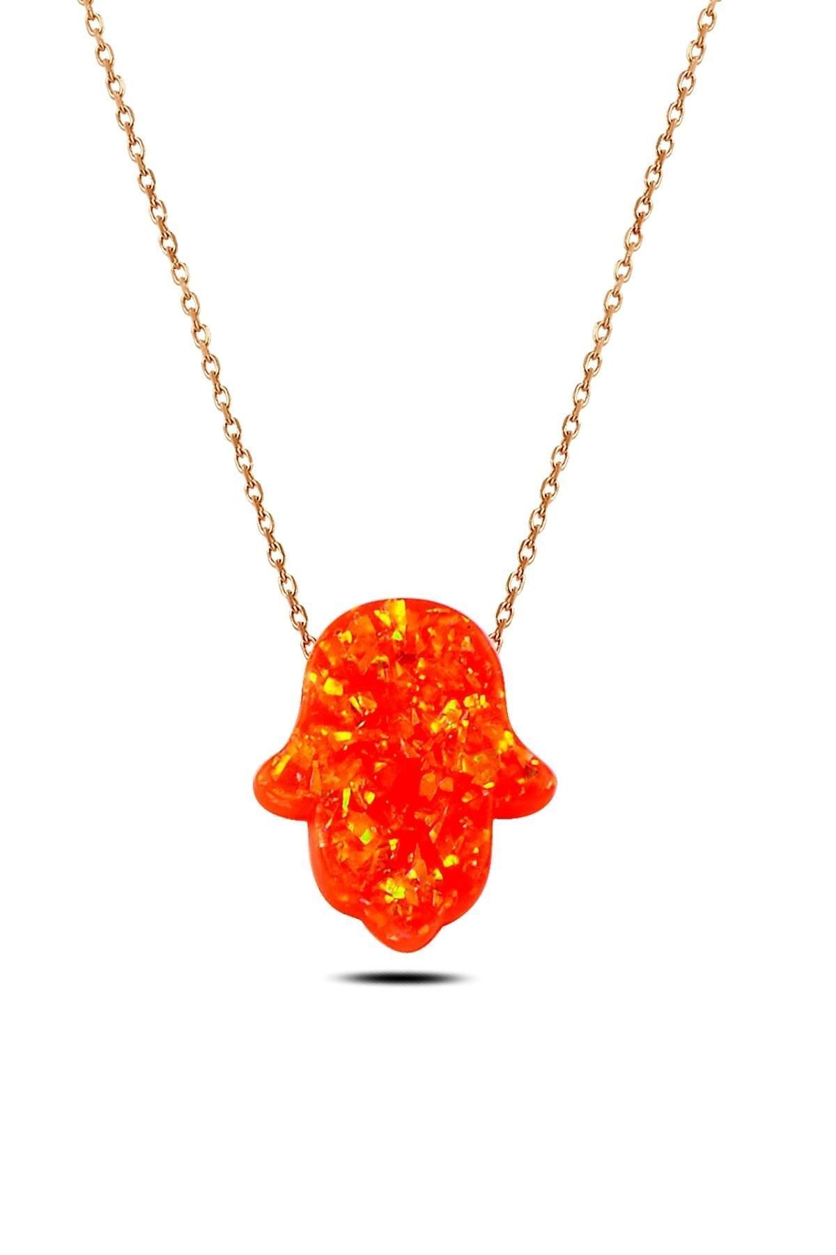 Nar Çiçeği Opal Taşlı Fatma Ana Eli Kolye_14k Altın Kapl.