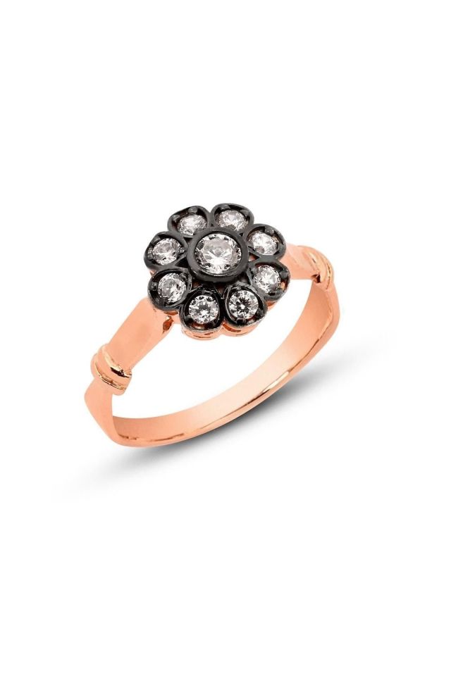 Elmas Montürlü Papatya Gümüş Yüzük – Rose Gold Kaplama | 925 Ayar