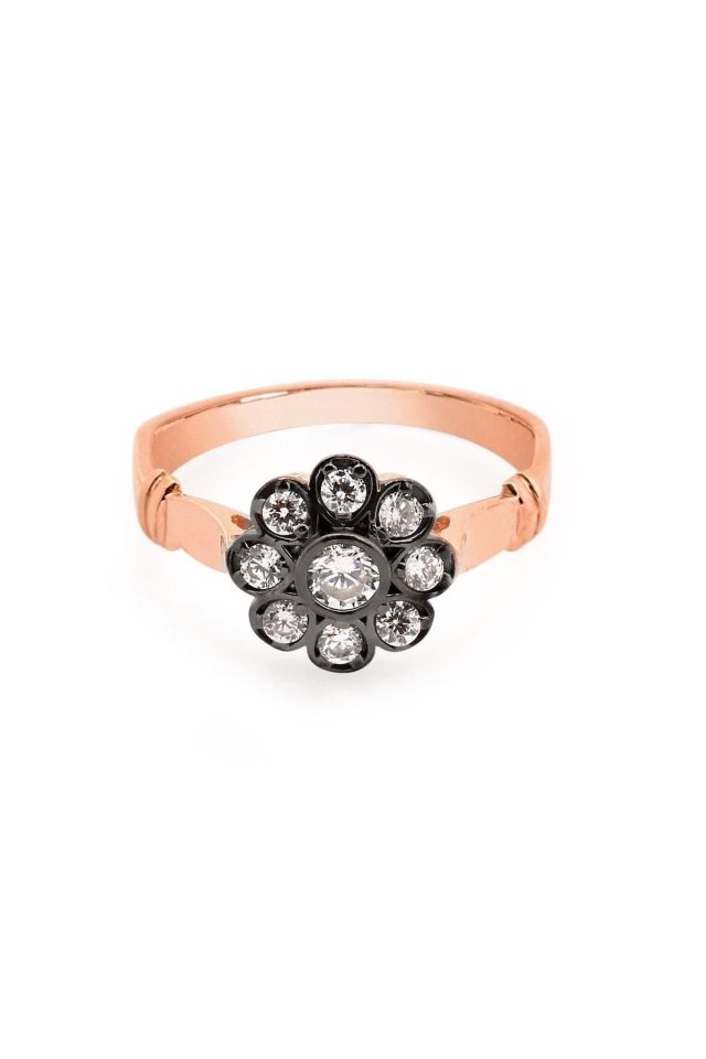 Elmas Montürlü Papatya Gümüş Yüzük – Rose Gold Kaplama | 925 Ayar