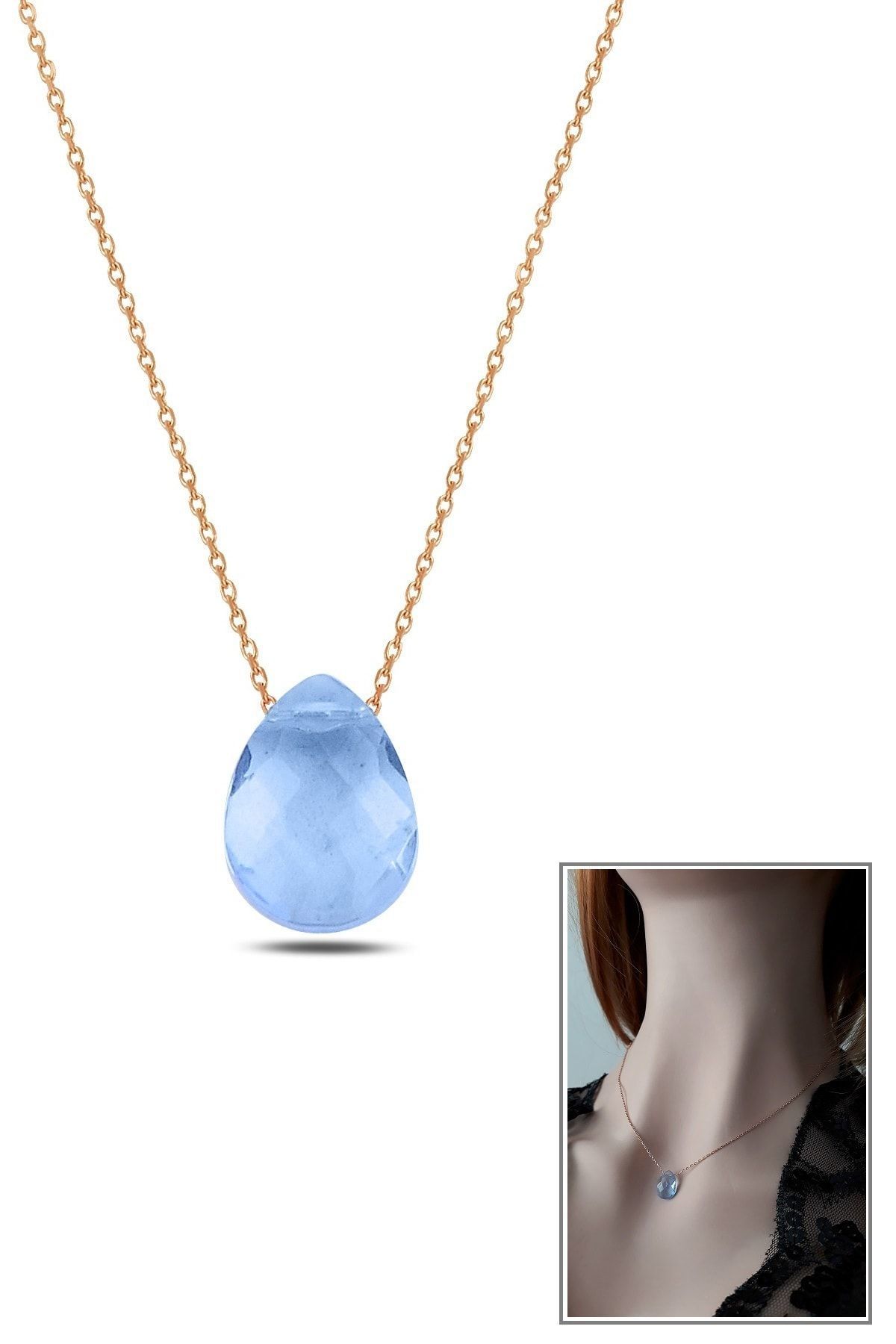 Kadın Mavi Kristal Damla Kolye Rose RGK30450