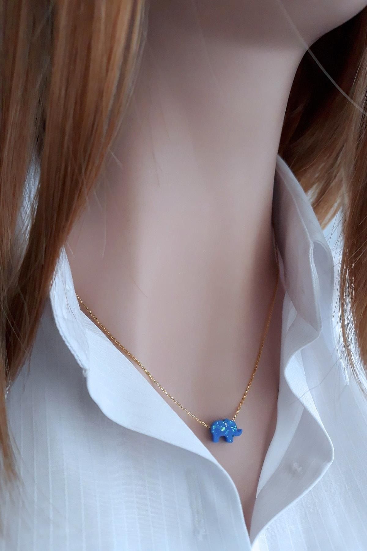 Koyu Mavi Fil Resin Taş Kolye _14k Altın Kpl.