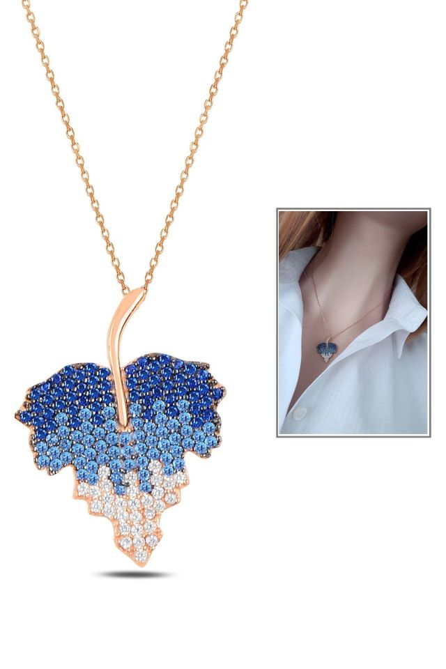Mavi Renk Geçişli Taşlı Gümüş Asma Yaprağı Kolye – Rose Gold Kaplama