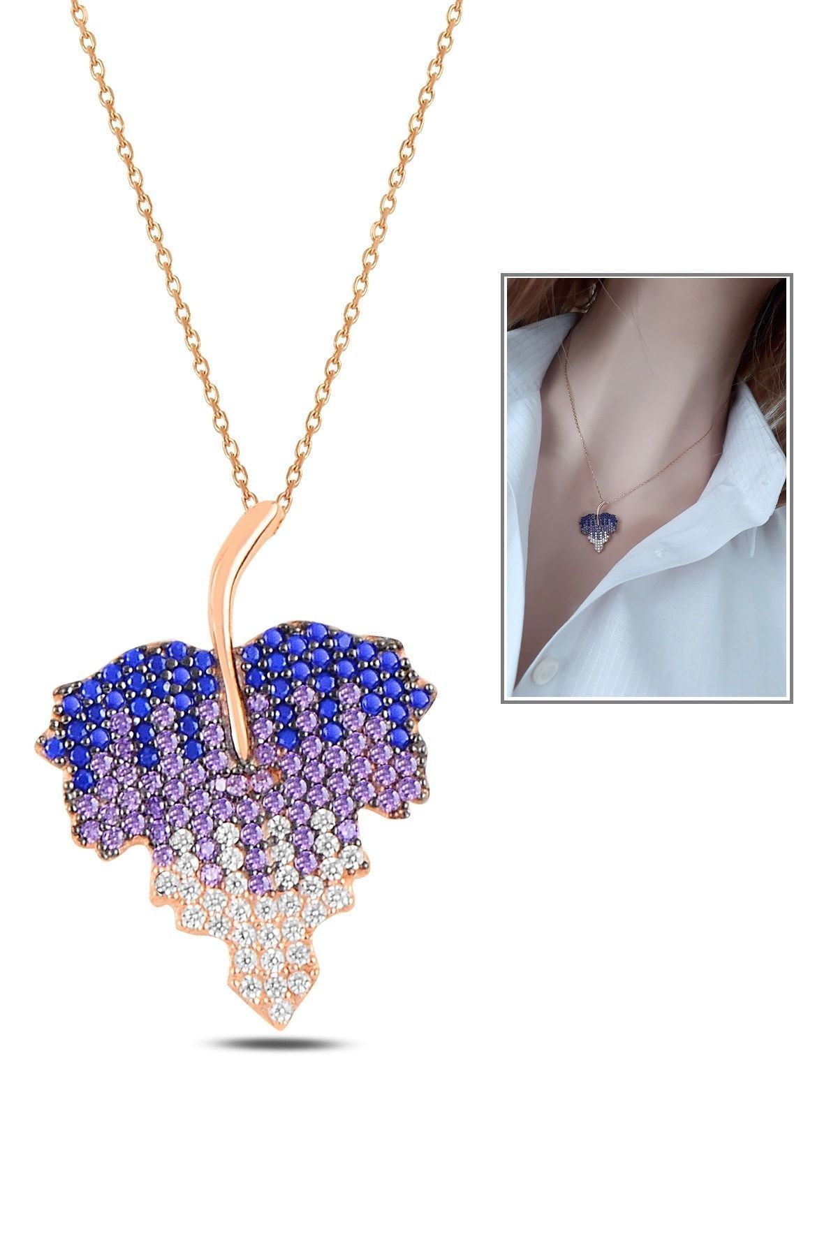 Mor Renk Geçişli Taşlı Gümüş Asma Yaprağı Kolye – Rose Gold Kaplama