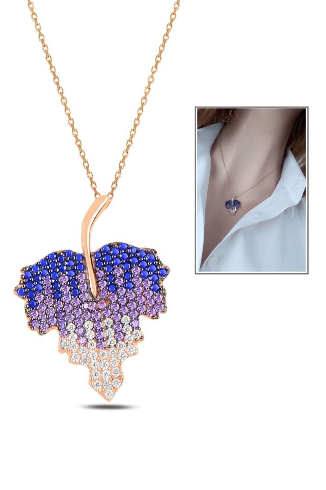 Mor Renk Geçişli Taşlı Gümüş Asma Yaprağı Kolye – Rose Gold Kaplama
