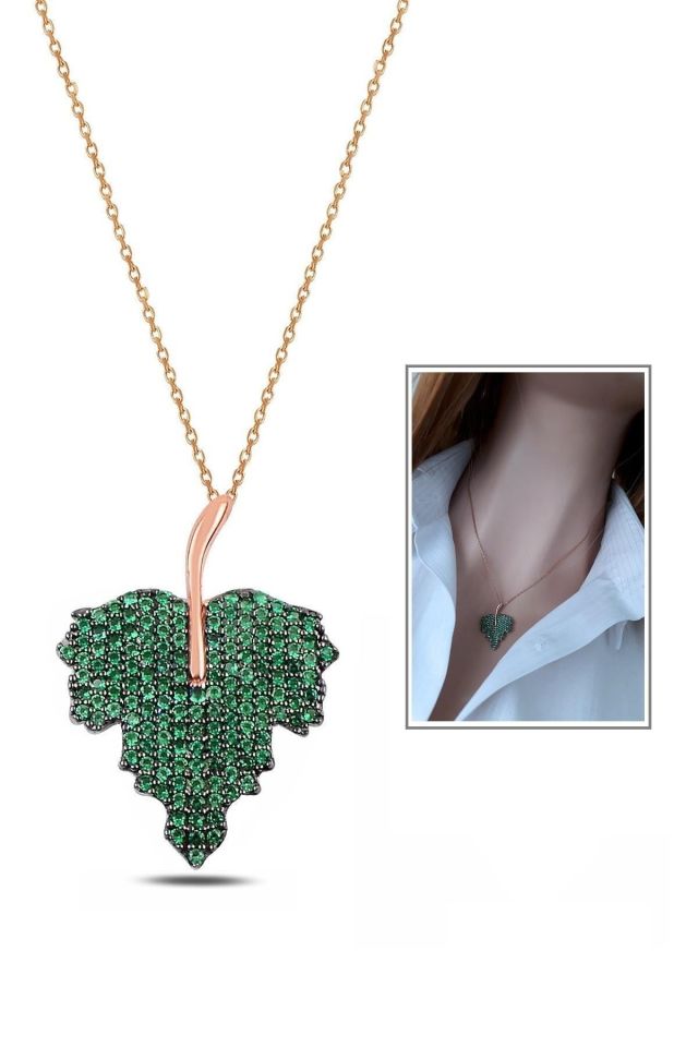 Koyu Yeşil Taşlı Gümüş Asma Yaprağı Kolye – Rose Gold Kaplama
