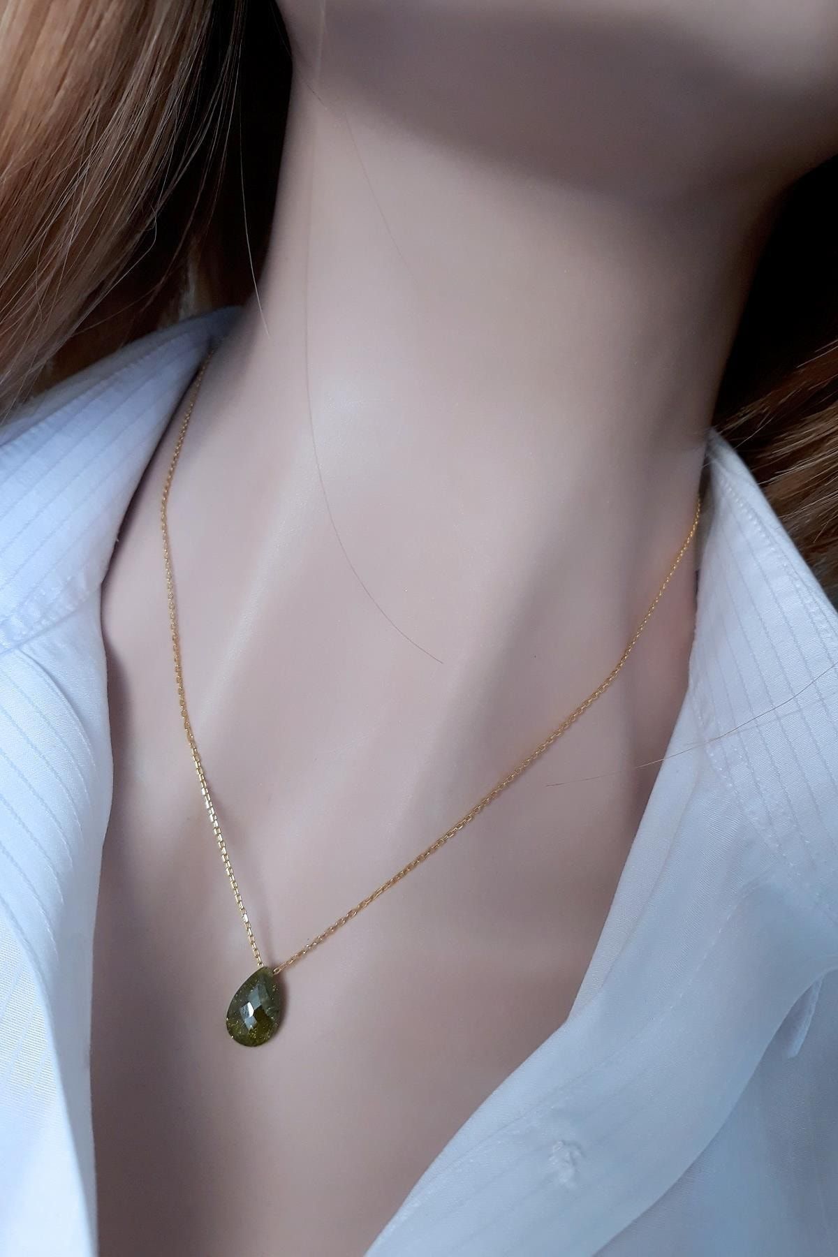 Kadın Yosun Yeşili Şeker Kristal Damla 14k Altın Kaplama Kolye