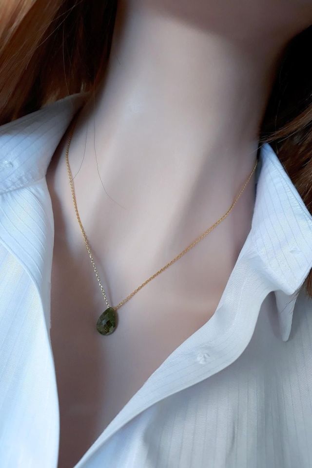 Kadın Yosun Yeşili Şeker Kristal Damla 14k Altın Kaplama Kolye