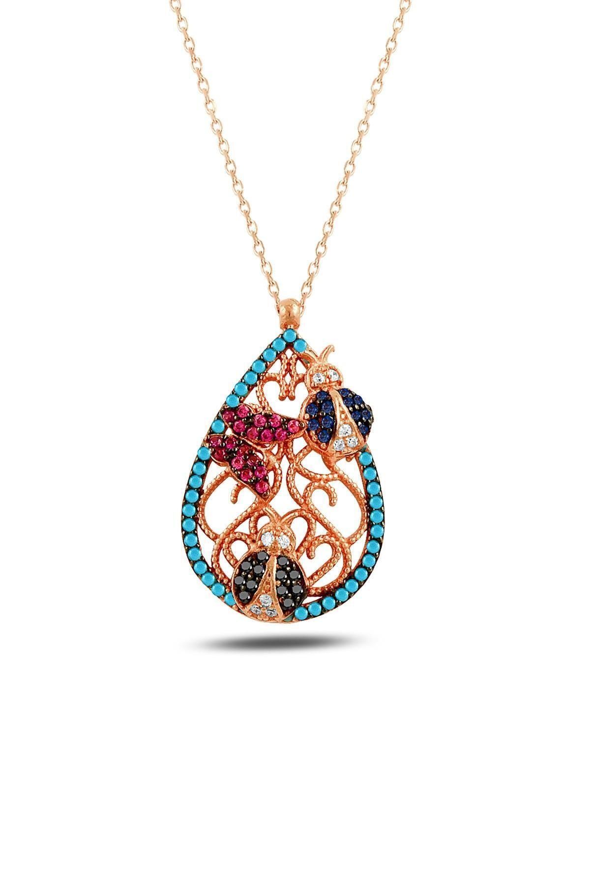 925 Ayar Gümüş Bahar Kolye – Rose Gold Kaplamalı, Uğur Böcekli ve Kelebekli Renkli Zirkon Taşlı