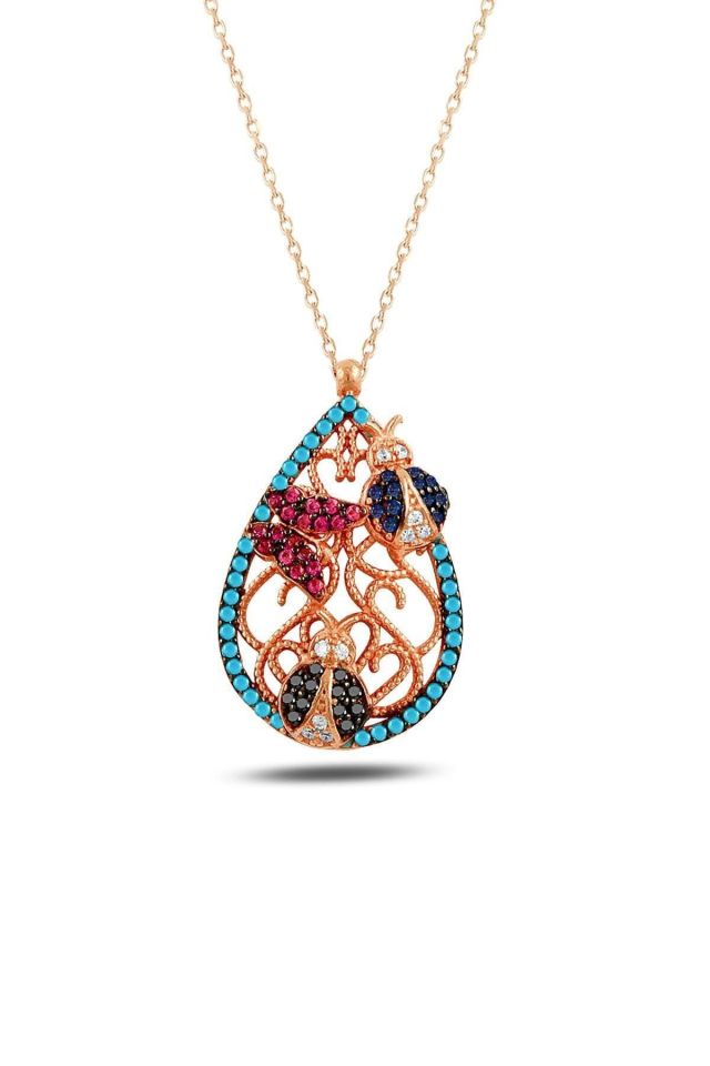 925 Ayar Gümüş Bahar Kolye – Rose Gold Kaplamalı, Uğur Böcekli ve Kelebekli Renkli Zirkon Taşlı