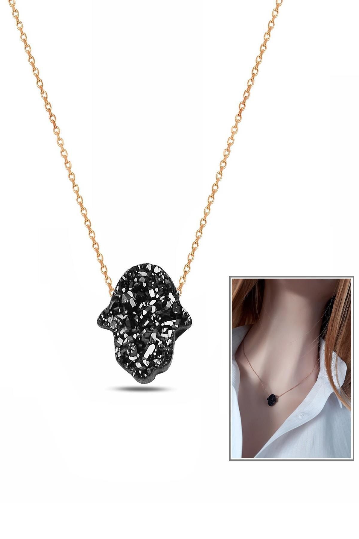 Siyah Pırıltılı Reçine Taşlı El Yapımı Fatma Eli Kolye – 925 Ayar Gümüş (Rose Gold Kaplama)