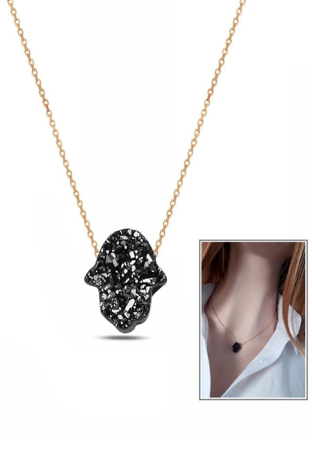 Siyah Pırıltılı Reçine Taşlı El Yapımı Fatma Eli Kolye – 925 Ayar Gümüş (Rose Gold Kaplama)
