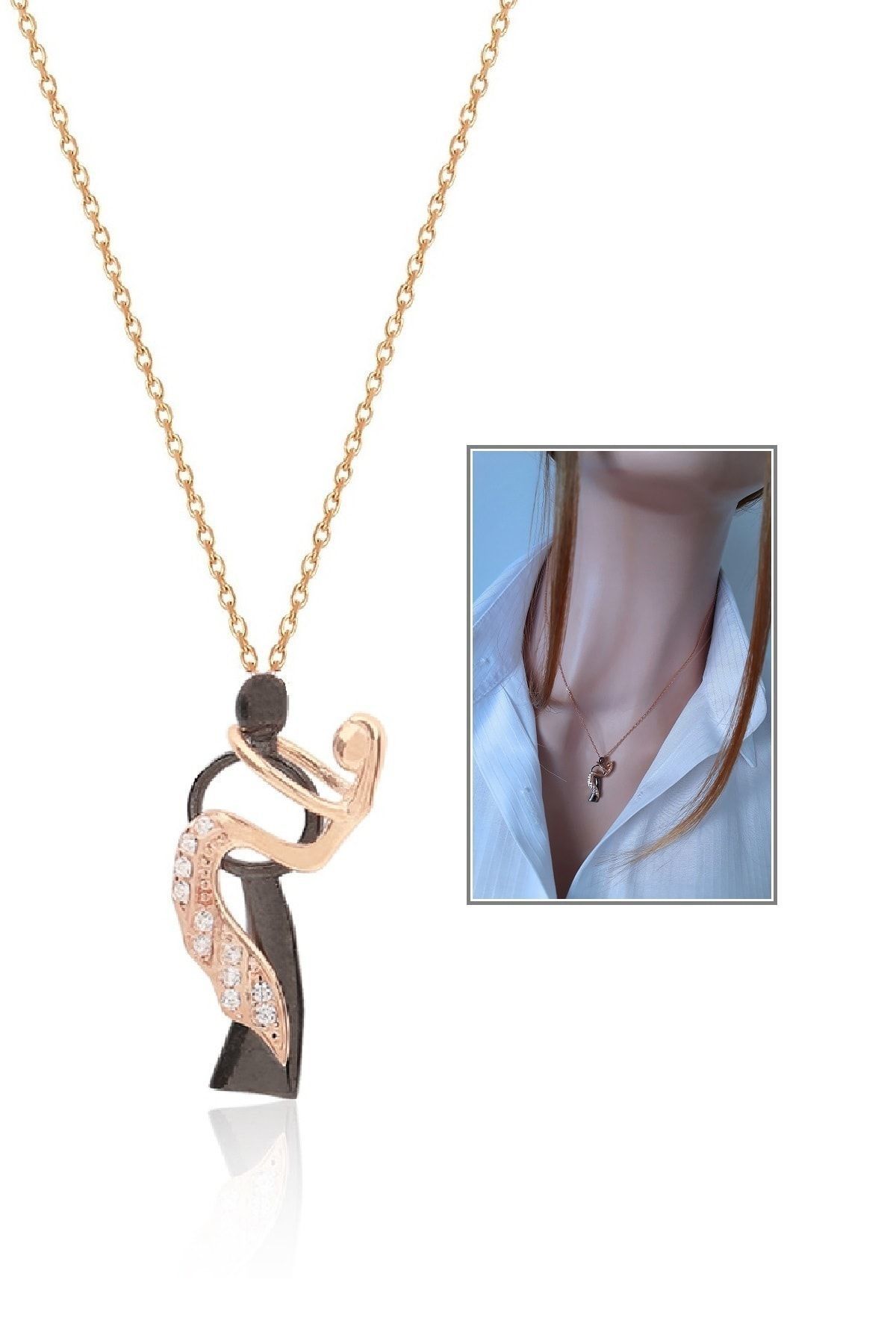 925 Ayar Gümüş Kolye – Erkek ve Kadın Silüeti, Rose Gold Kaplama - Aşıklar