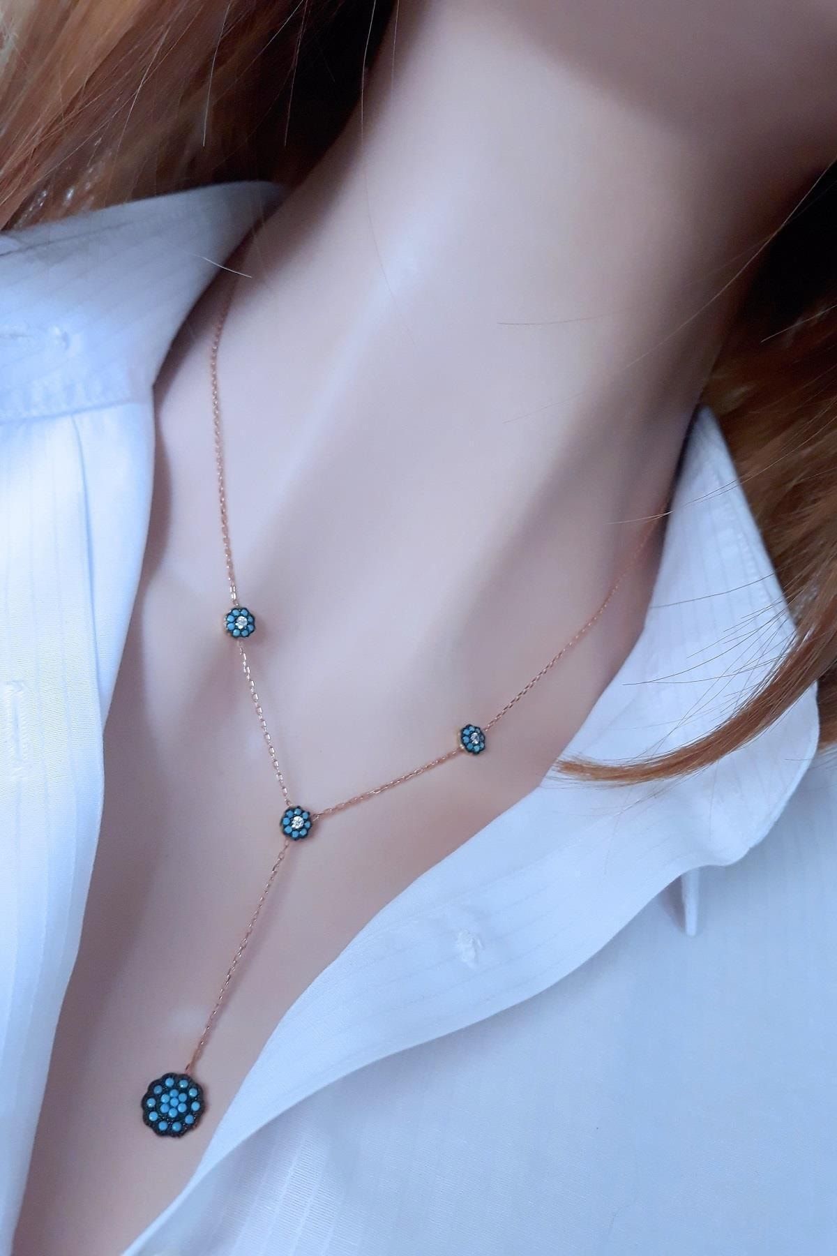 Kadın Rose Elmas Montürlü Firuze Çiçek Sallantılı Kolye