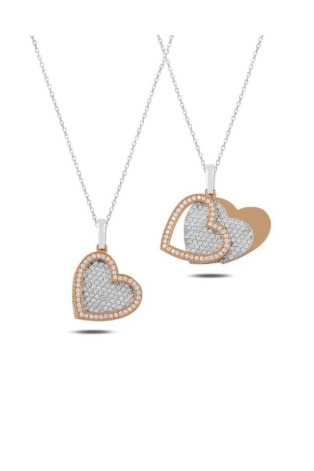 Üç Kat Kalpli Kolye - Rodyum ve Rose Gold Kaplama