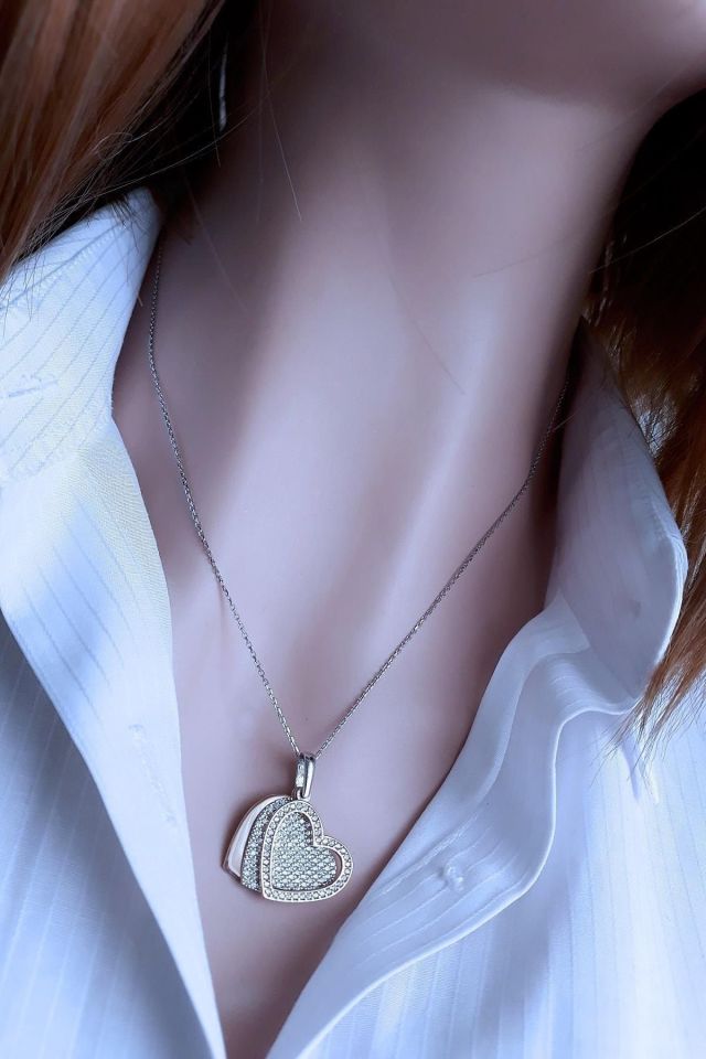 Üç Kat Kalpli Kolye - Rodyum ve Rose Gold Kaplama