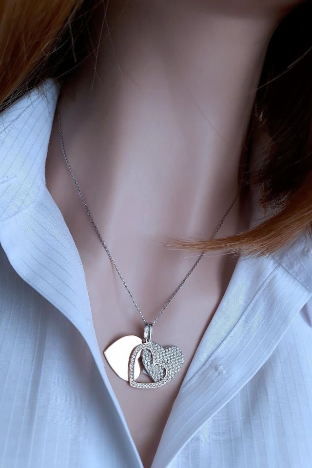 Üç Kat Kalpli Kolye - Rodyum ve Rose Gold Kaplama