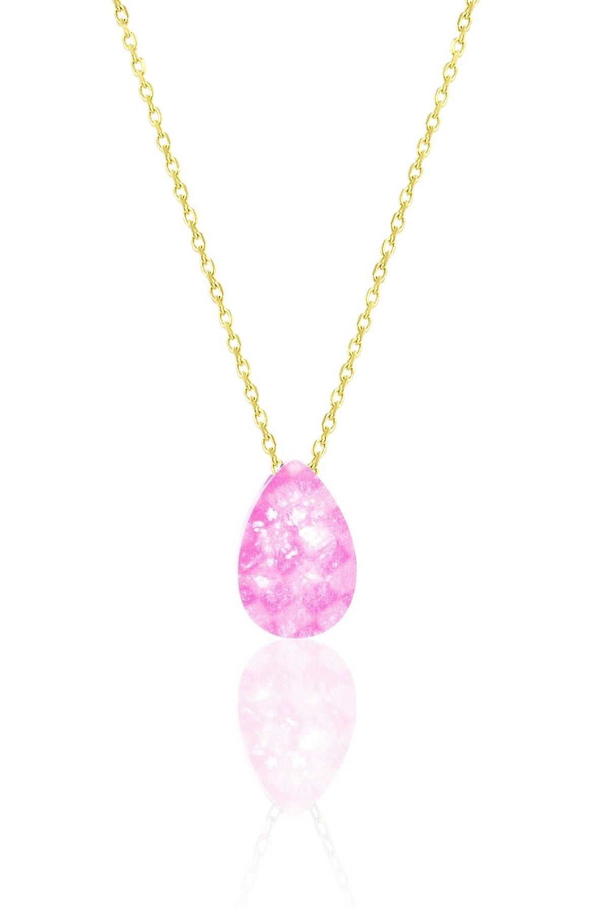 Pembe Kristal Damla Kolye -14K Altın Kpl.