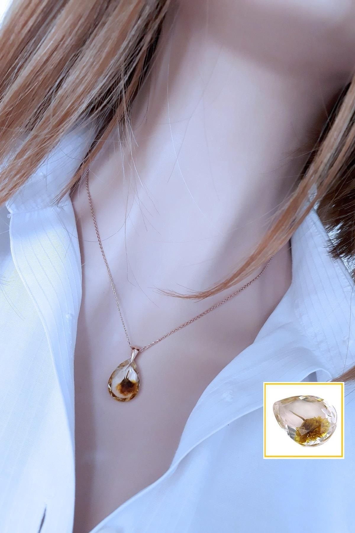 Kadın Kurutulmuş Gerçek Çiçekli Damla Taşlı Rose Kolye