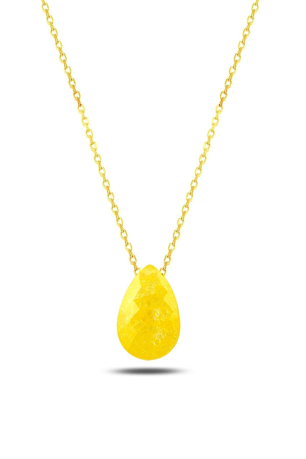 Sarı Kristal Damla Kolye -14K Altın Kpl.