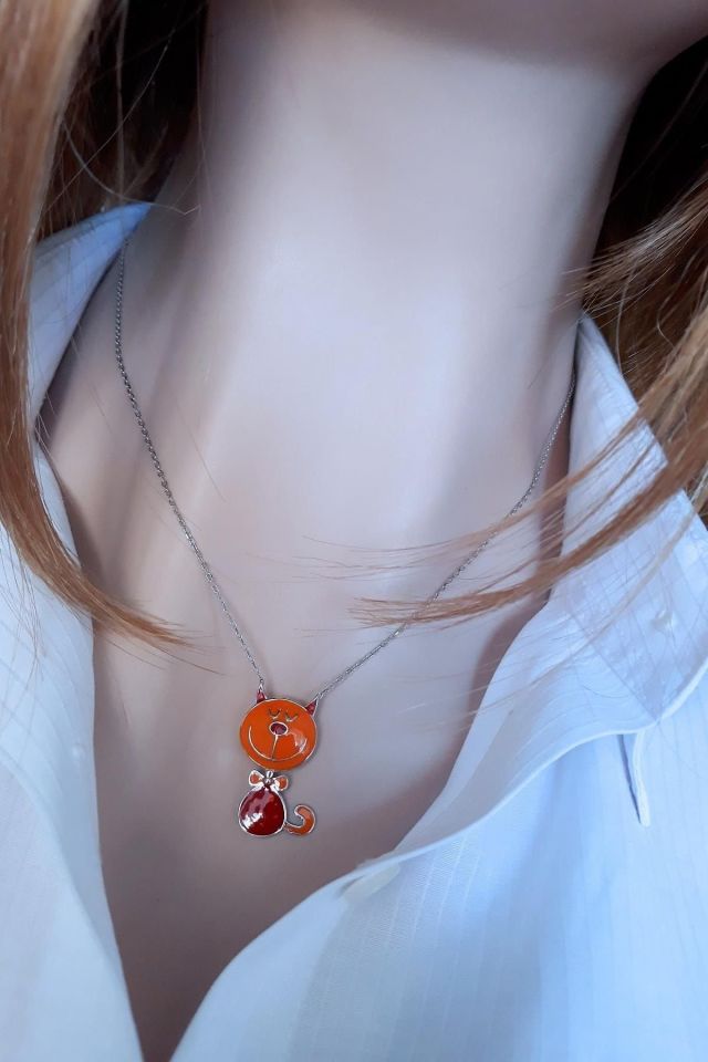 Kadın Turuncu Mineli Kedi Kolye