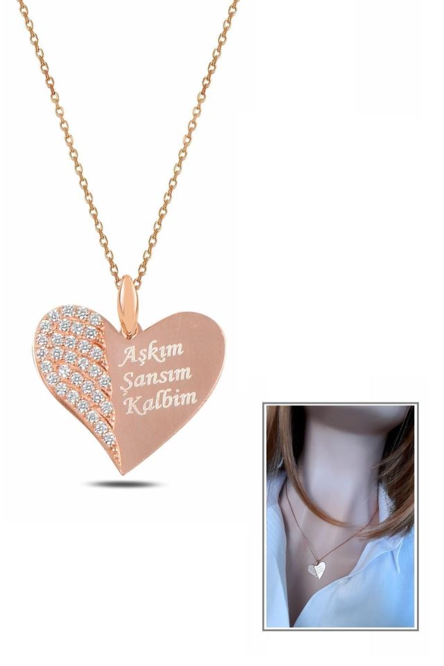AŞK Yazılı Kalpli Gümüş Kolye – Rose Gold Kaplama
