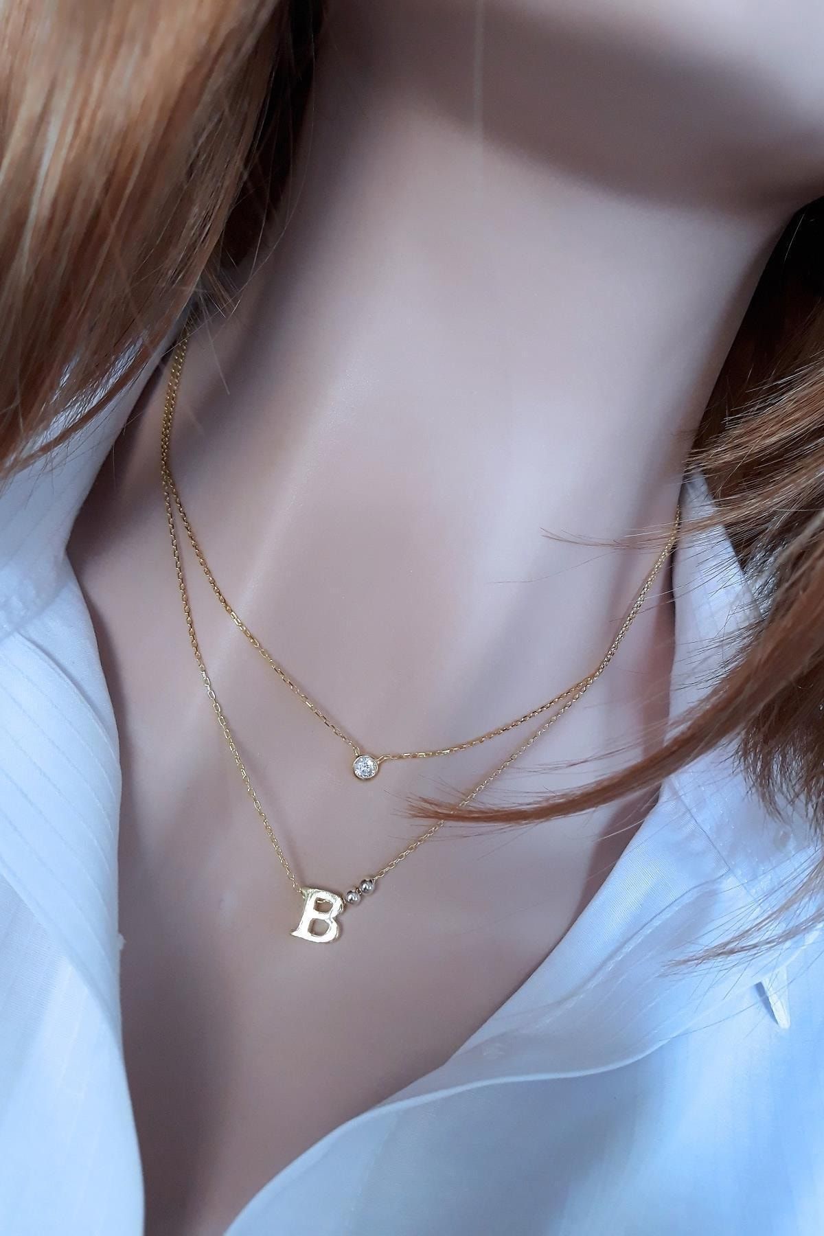 Kadın B Harfi Ve Tektaş İkili Kombin Altın Kaplamalı Kolye