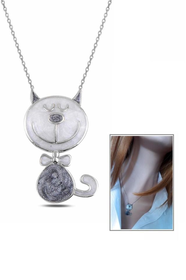 925 Gümüş Mine İşlemeli Gülen Suratlı Kedi Kolye, Rodyum Kaplamalı, 40+5 cm Zincir