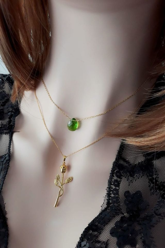 Kadın Yeşil Kristal Damla Kolye 14K Altın Kaplama RGK30418