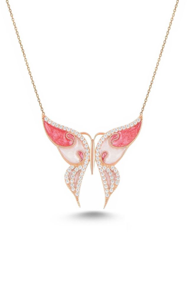 Kadın Pembe Güneşin Kızı Rose Kelebek Kolye