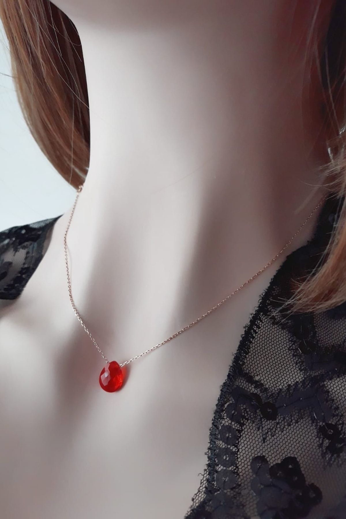 Kadın Mercan Kristal Damla Kolye Rose RGK30418