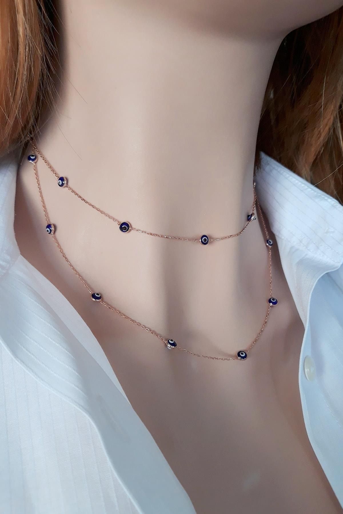Lacivert Nazarlı Uzun Zincir Kolye _rose