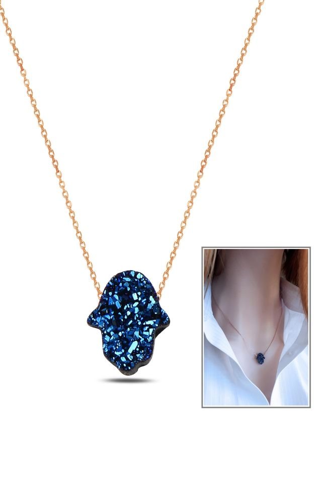 Lacivert Pırıltılı Reçine Taşlı El Yapımı Fatma Eli Kolye – 925 Ayar Gümüş (Rose Gold Kaplama)