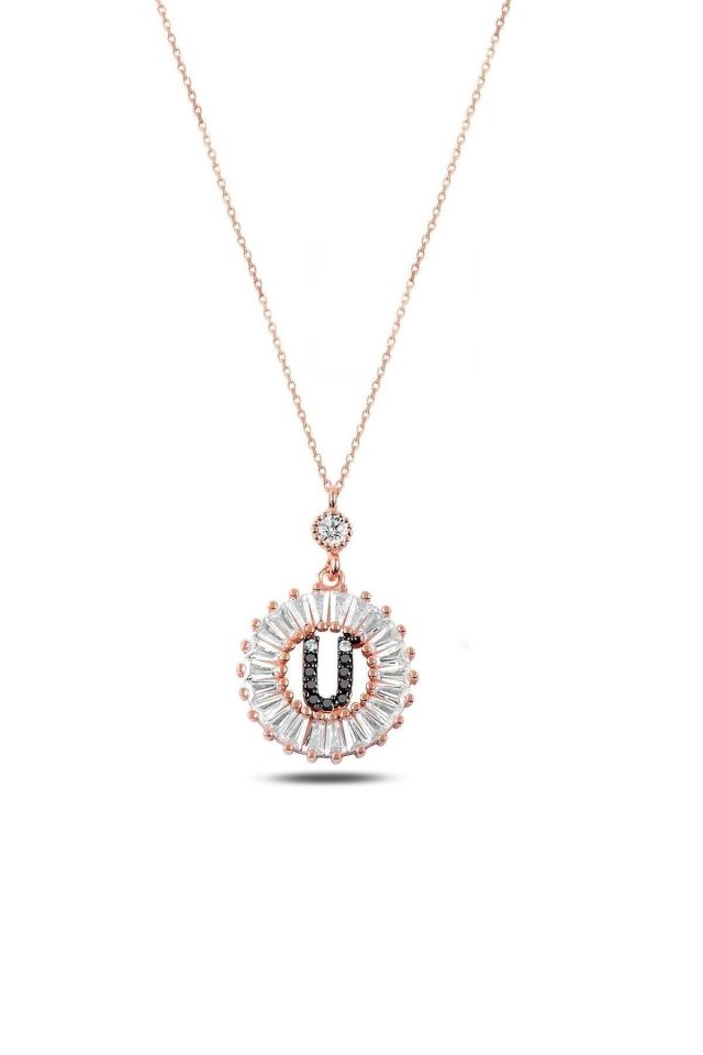 Kadın Rose Gold Öze Dönüş Baget Taşlı Ü Harfi Kolye