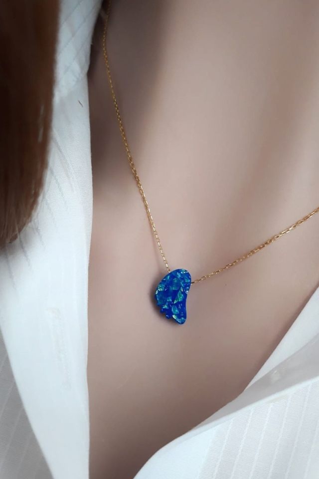 Kadın Mavi Koyu Mavi bebek Ayak İzi Resin Taş Kolye  RGK30507