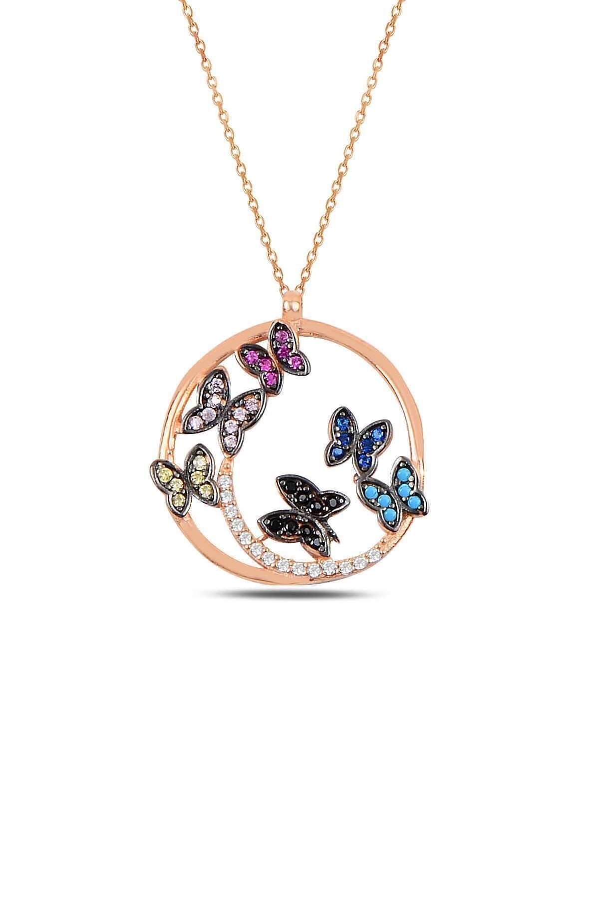 Rose Gold Kaplamalı Kelebek Detaylı Kolye, Renkli Taşlarla Bezenmiş Şıklık''