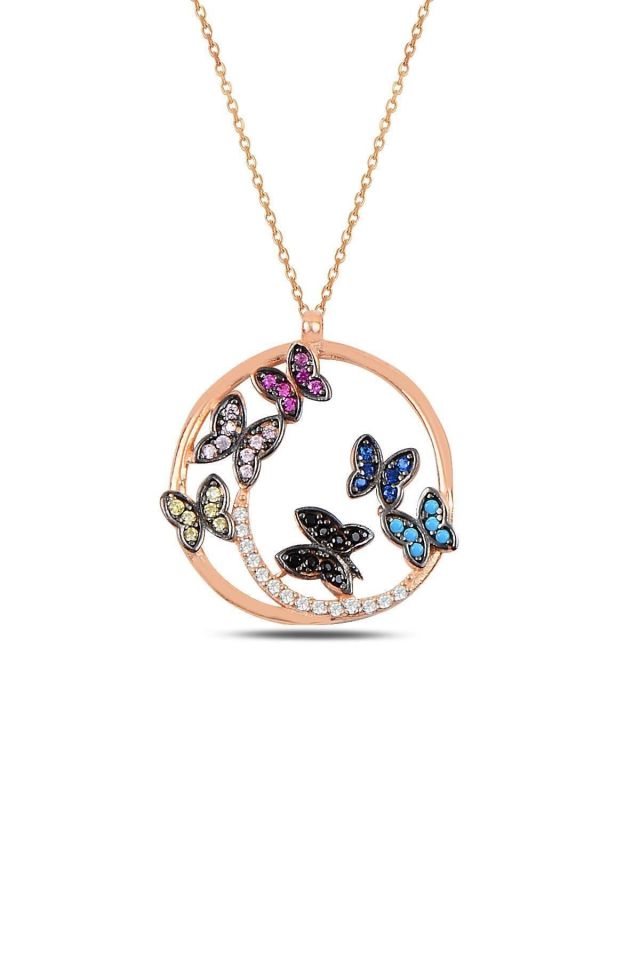 Rose Gold Kaplamalı Kelebek Detaylı Kolye, Renkli Taşlarla Bezenmiş Şıklık''