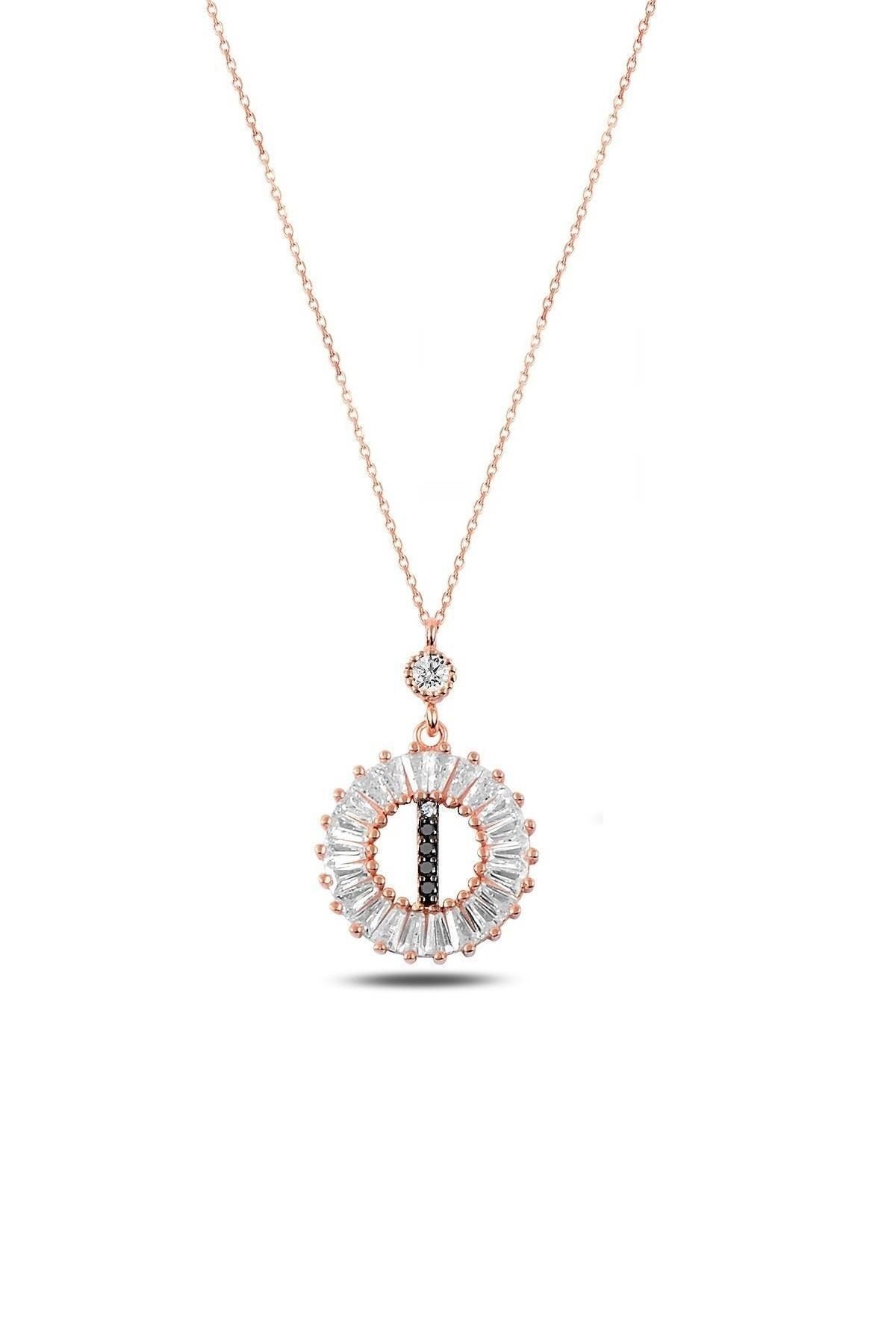 Kadın Rose Gold Öze Dönüş Baget Taşlı Rose I Harfi Kolye