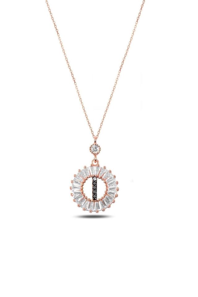Kadın Rose Gold Öze Dönüş Baget Taşlı Rose I Harfi Kolye