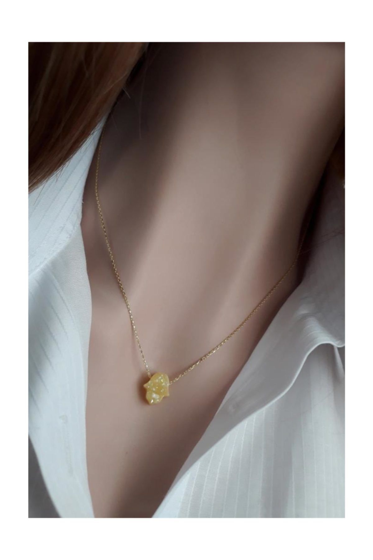 Sarı Fatma Ana Eli Resin Taş Kolye _14k Altın Kpl.
