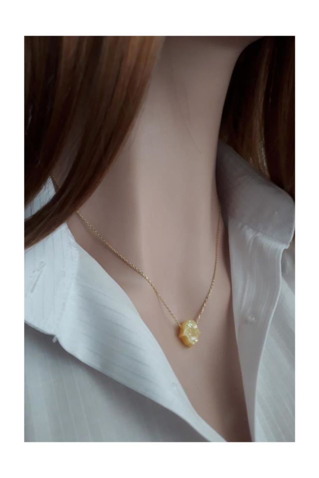 Sarı Fatma Ana Eli Resin Taş Kolye _14k Altın Kpl.