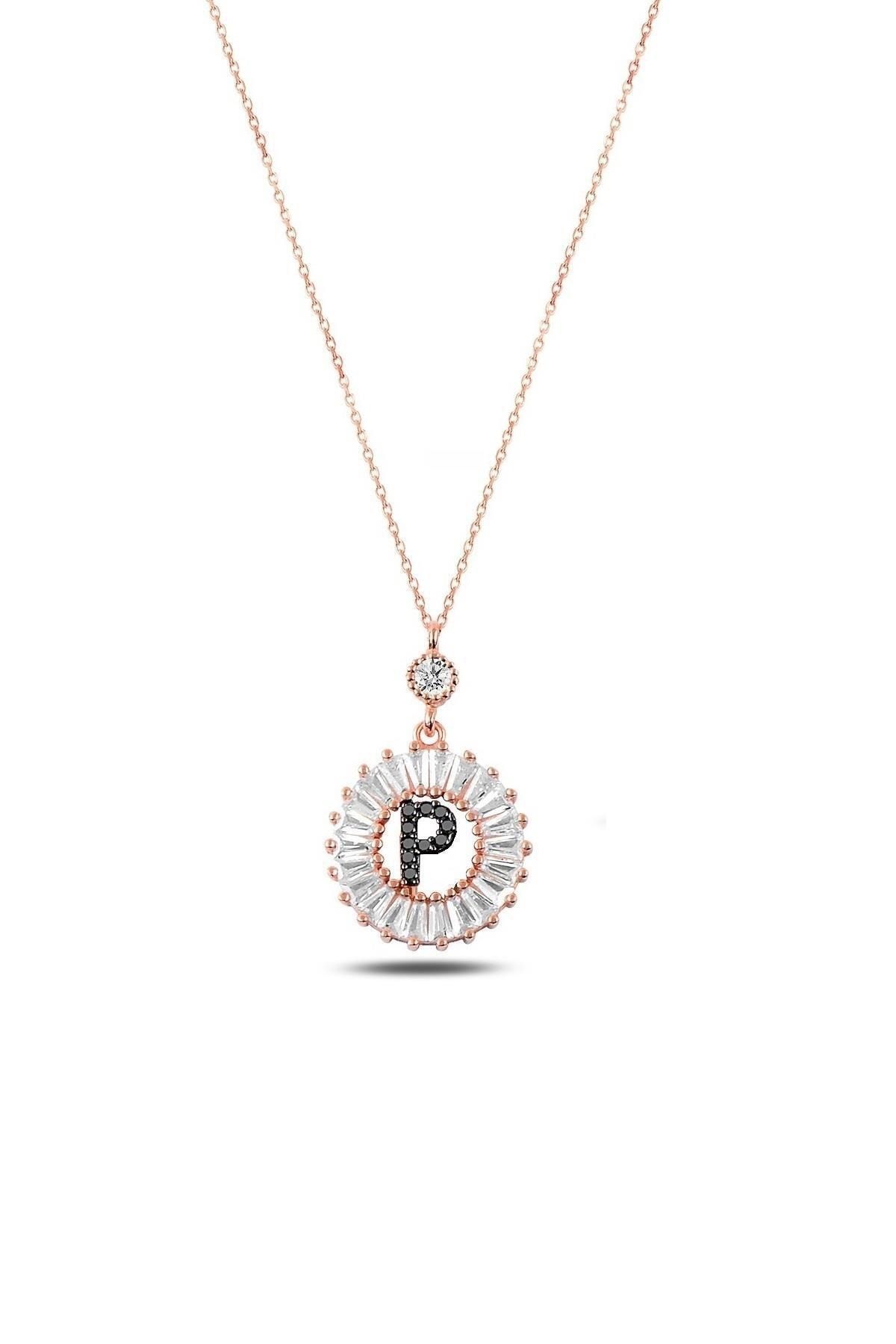 Kadın Rose Gold Öze Dönüş Baget Taşlı 925 Ayar Gümüş P Harfi Kolye