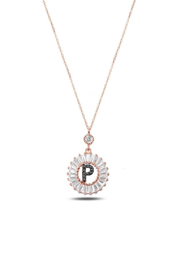 Kadın Rose Gold Öze Dönüş Baget Taşlı 925 Ayar Gümüş P Harfi Kolye