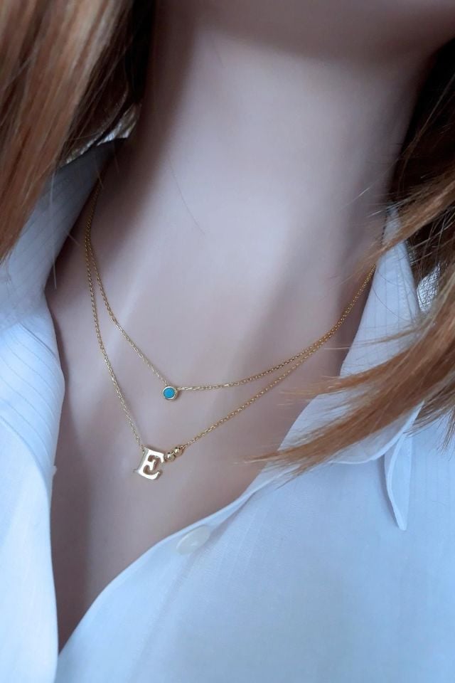 Kadın Sarı E Harfi ve Turkuaz Tektaş İkili Kolye