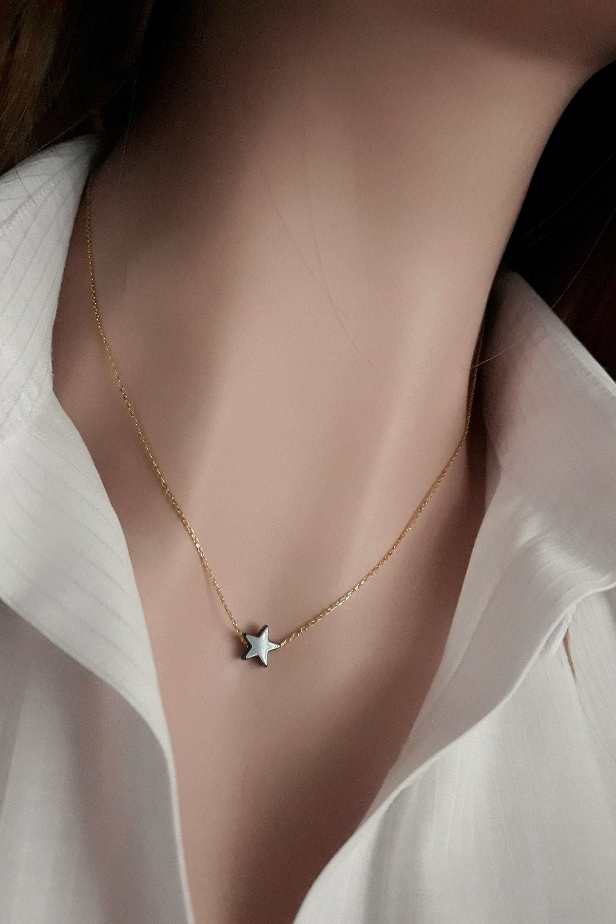 Kadın Hematit Taşlı Siyah Yıldız Kolye _14K Altın Kpl. RGK30555