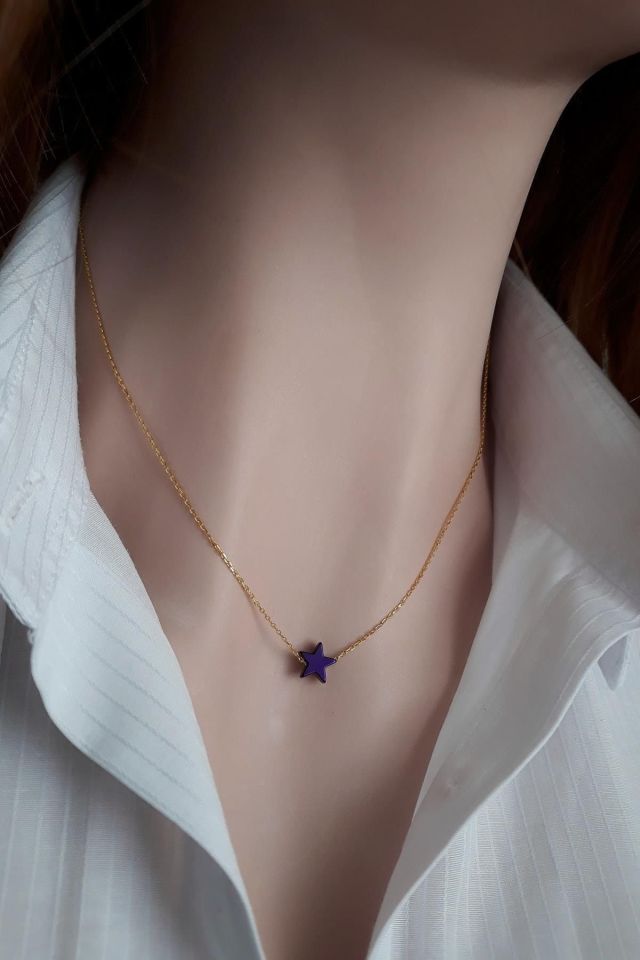 Hematit Taşlı Mor Yıldız Kolye _14k Altın Kpl.