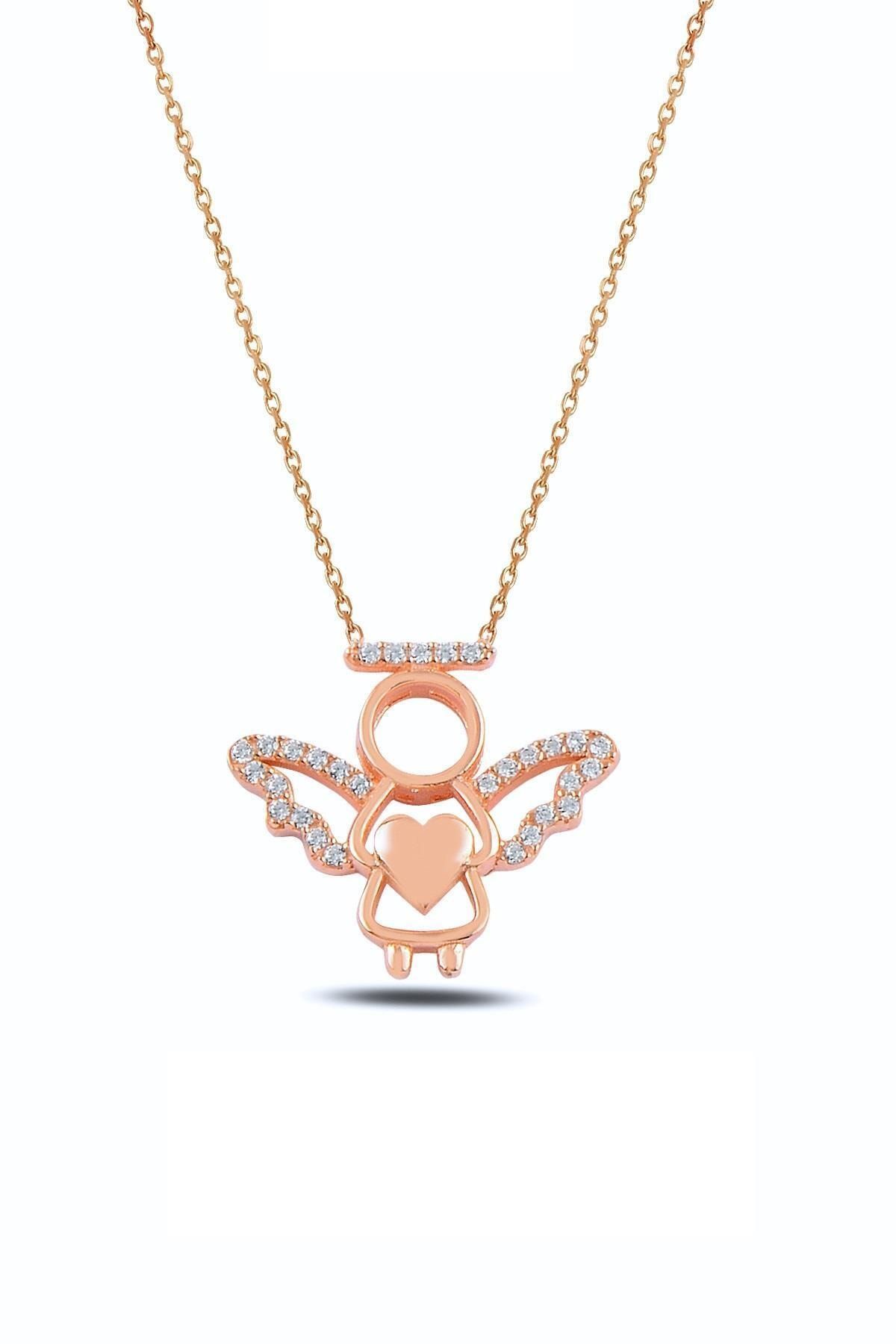 Altın Kalpli Melek Zincir Kolye – 925 Ayar Gümüş – Rose Gold Kaplamalı