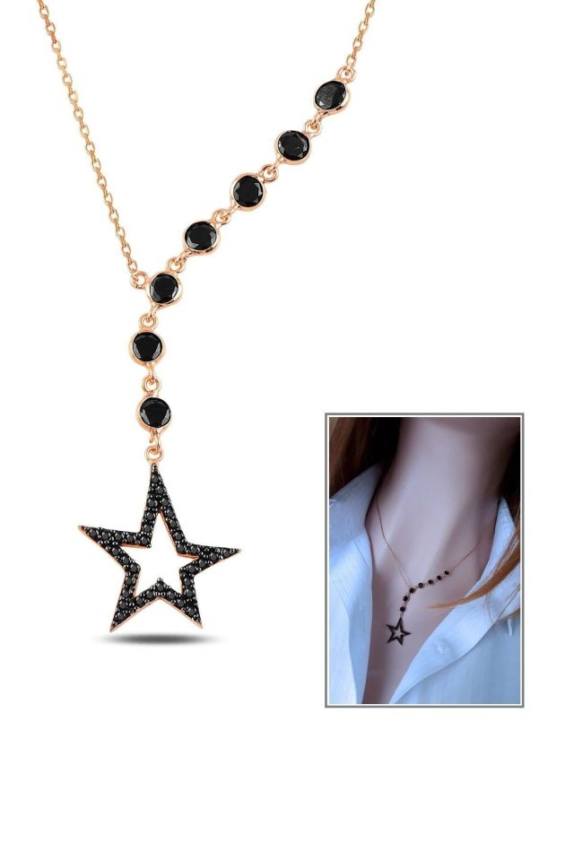 Kadın Rose Gold Siyah Tohum Taşlı Yıldız  Kolye