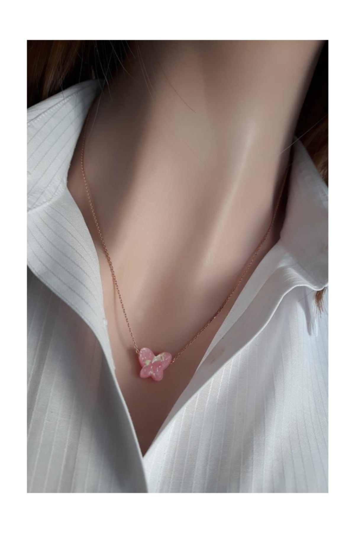 Pembe Kelebek Resin Taş Kolye _rose